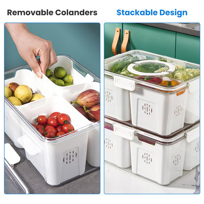 2Pack Airtight Fruit Storage Containers 4 Compartment Food Storage Containers Fruit Vegetable Organizers With 8 Removable Colanders For Fridge Picnic