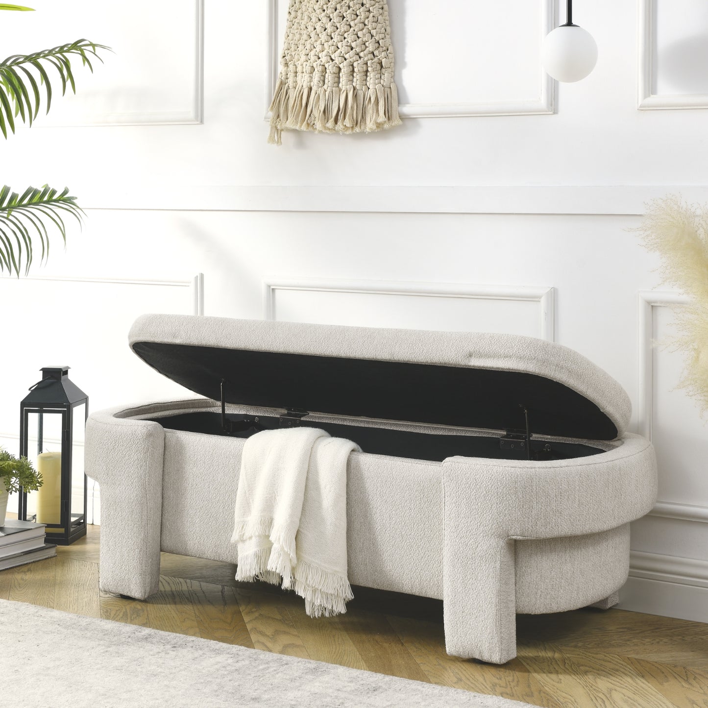 Linen Fabric Bench With Large Storage For Living Room, Entryway, Bedroom