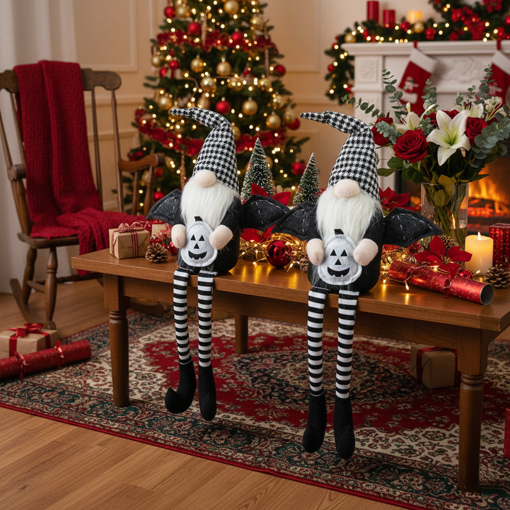 2PCS Set Christmas Gnome Decorations 4.3x3.5x23.5in Festive Sitting Gnomes With Wings & Stylish Plaid Hats, Perfect For Unique Seasonal Decor