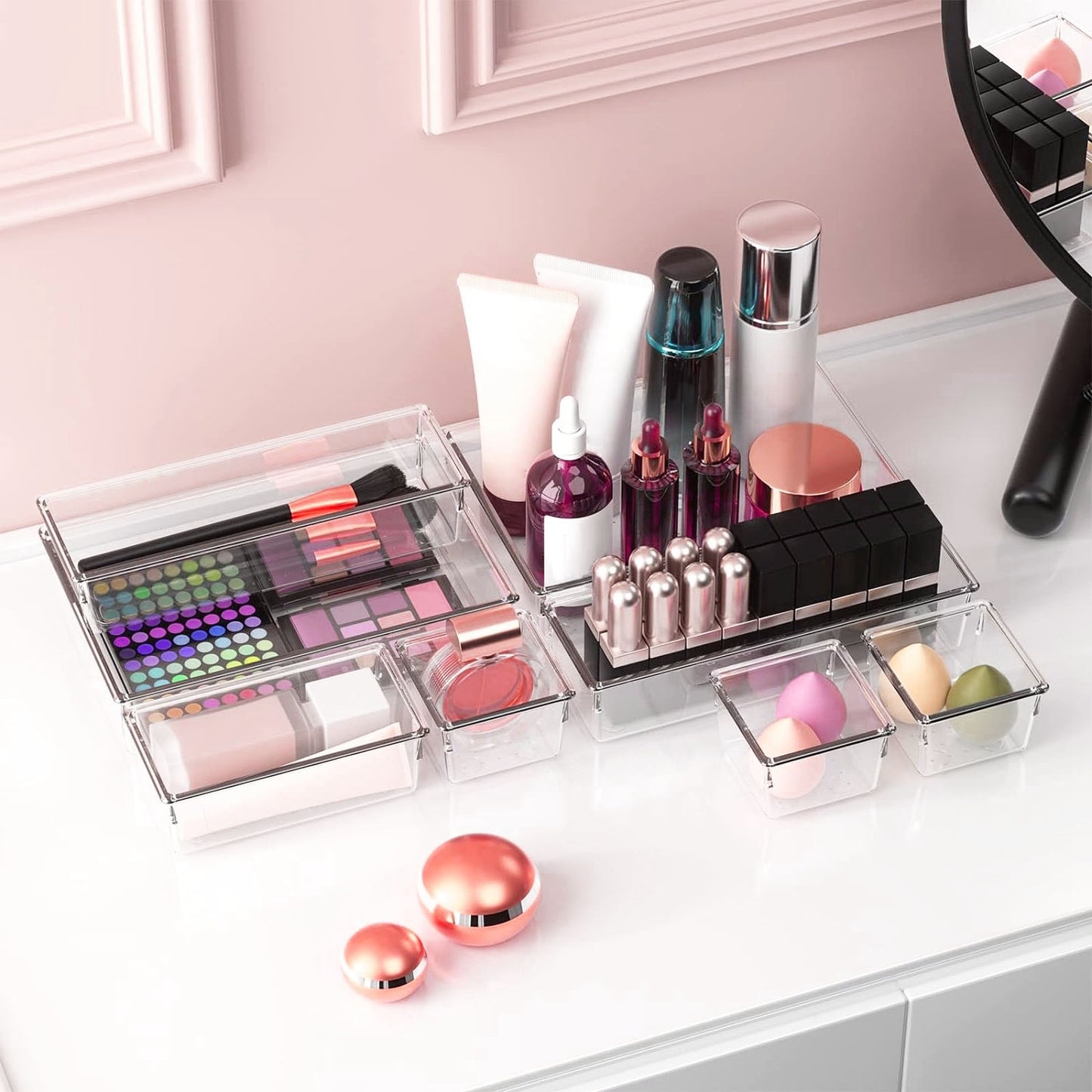 25Pcs Clear Plastic Drawer Organizers Set 4 Sizes Desk Drawer Dividers Trays Storage Bins For Vanity Cabinet Makeup Bathroom Office Kitchen Bedroom Jewelry