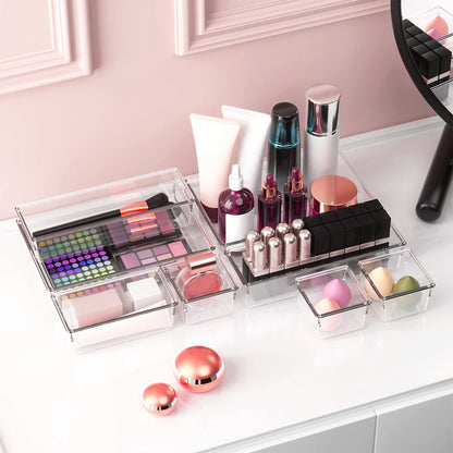 25Pcs Clear Plastic Drawer Organizers Set 4 Sizes Desk Drawer Dividers Trays Storage Bins For Vanity Cabinet Makeup Bathroom Office Kitchen Bedroom Jewelry