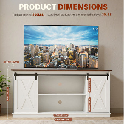 65-inch Solid Wood TV Cabinet With Double-layer Storage Space Sliding Door, Modern Living Room Furniture