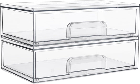 12.1in 30.7cm W Clear Stackable Storage Drawers,2 Pack Acrylic Plastic Organizers Bins For Makeup Palettes, Cosmetics, And Beauty Supplies,Ideal For Vanity, Bathroom,Cabinet,Desk Organization