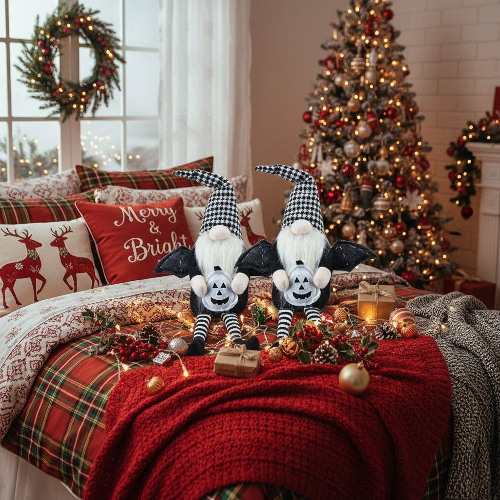 2PCS Set Christmas Gnome Decorations 4.3x3.5x23.5in Festive Sitting Gnomes With Wings & Stylish Plaid Hats, Perfect For Unique Seasonal Decor