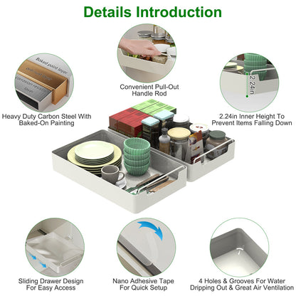 2Pcs Pull Out Cabinet Organizers Sliding Shelf Spice Rack Carbon Steel Roll Out Drawers Fixed With Adhesive Nano Film With Handle 55LBS Max Load