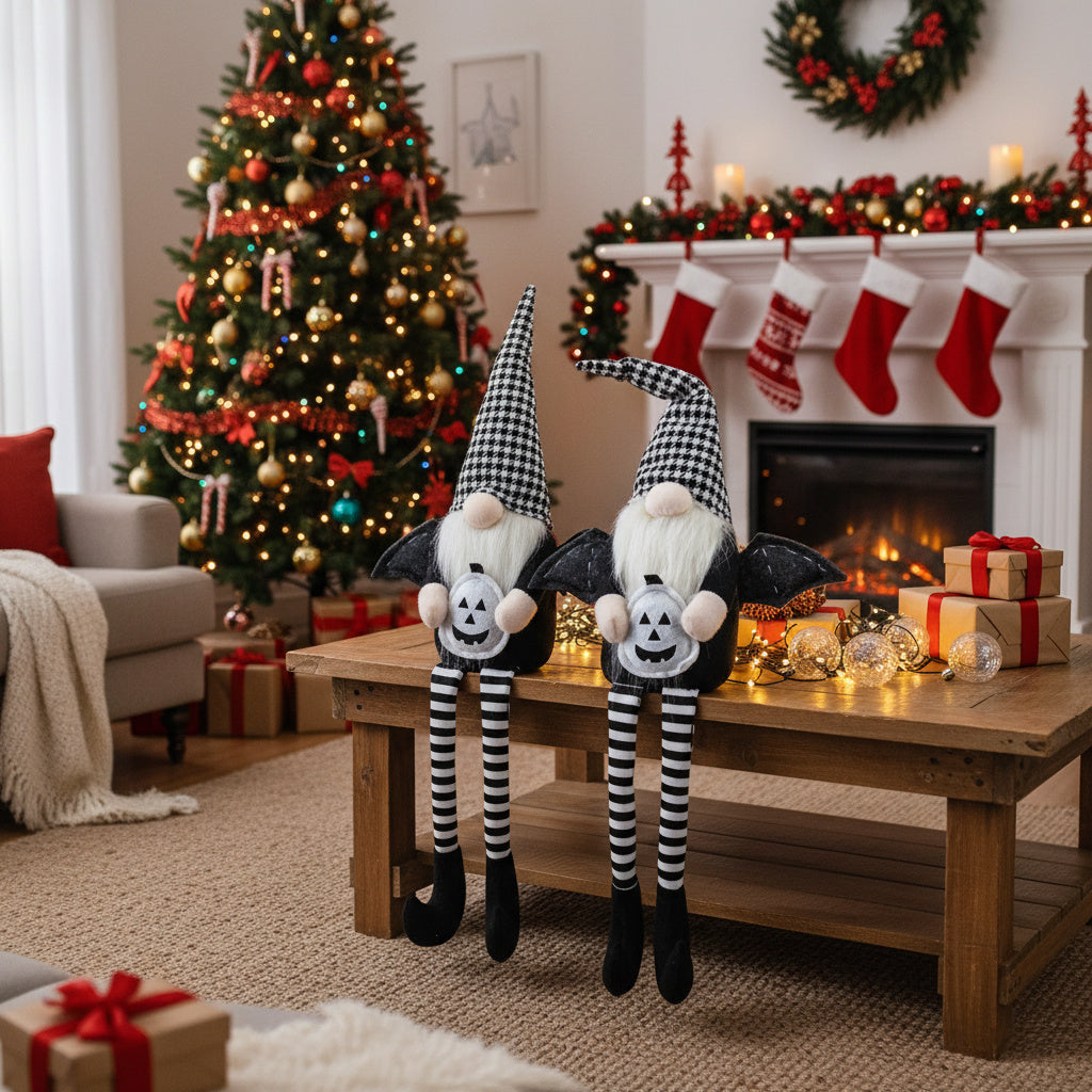 2PCS Set Christmas Gnome Decorations 4.3x3.5x23.5in Festive Sitting Gnomes With Wings & Stylish Plaid Hats, Perfect For Unique Seasonal Decor