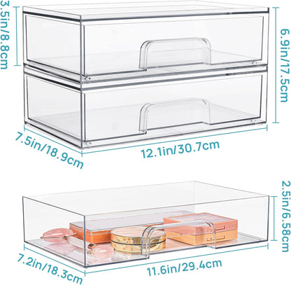 12.1in 30.7cm W Clear Stackable Storage Drawers,2 Pack Acrylic Plastic Organizers Bins For Makeup Palettes, Cosmetics, And Beauty Supplies,Ideal For Vanity, Bathroom,Cabinet,Desk Organization